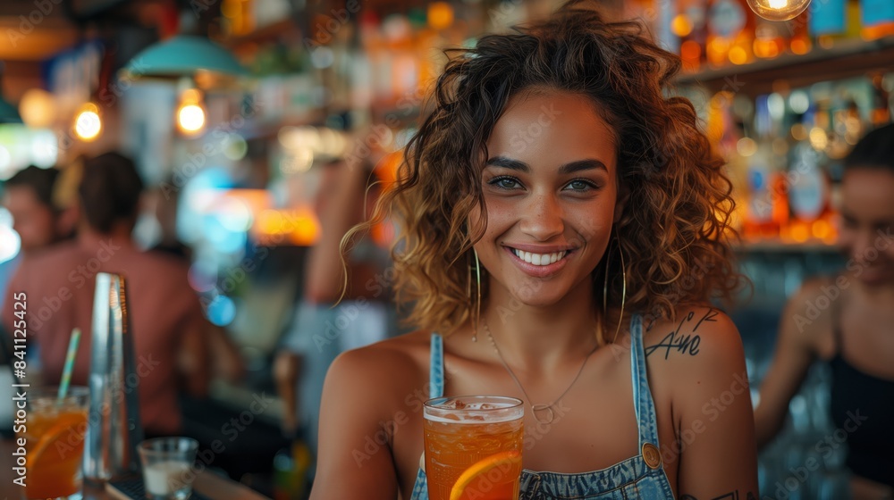 Smiling Woman Holding a Drink in Bar. Smiling woman holding a drink at a bar, capturing a lively and social atmosphere with warm lighting and vibrant colors. Smiling Woman Holding a Drink in Bar. Smiling woman holding a drink at a bar, capturing a lively and social atmosphere with warm lighting and vibrant colors.