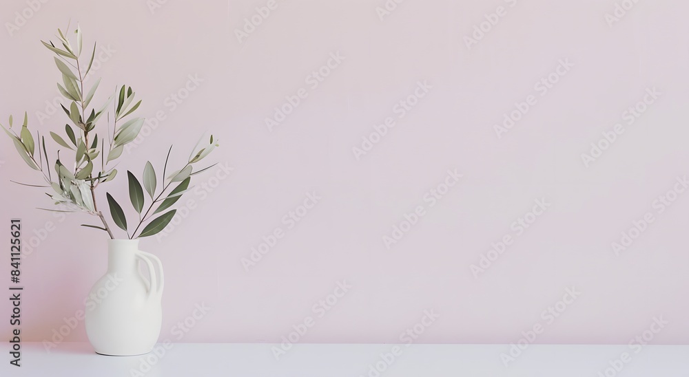 Minimalist White Vase with Greenery on Pink Background Minimalist White Vase with Greenery on Pink Background
