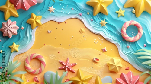 Bright and festive beach scene with colorful starfish  lifebuoys  and waves  creating a joyful summer atmosphere. 3D Illustration.