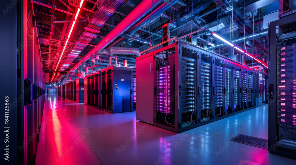 Server Room With Red And Blue Lights In A Modern Data Center Server Room With Red And Blue Lights In A Modern Data Center