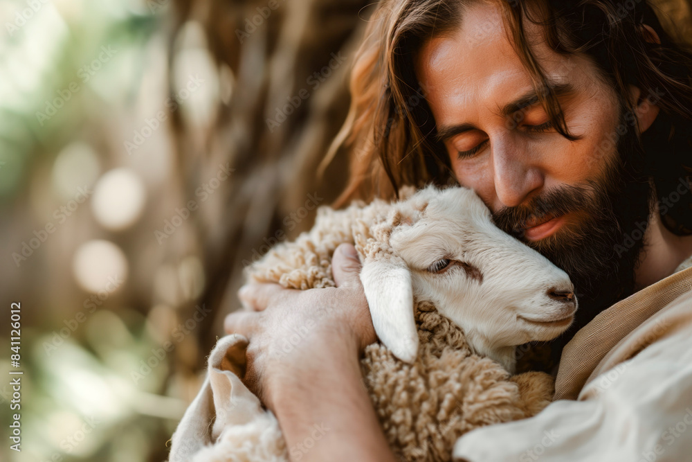 Christian banner with Jesus Christ gently holding a cute lamb with sense of protection and care, copy space Christian banner with Jesus Christ gently holding a cute lamb with sense of protection and care, copy space