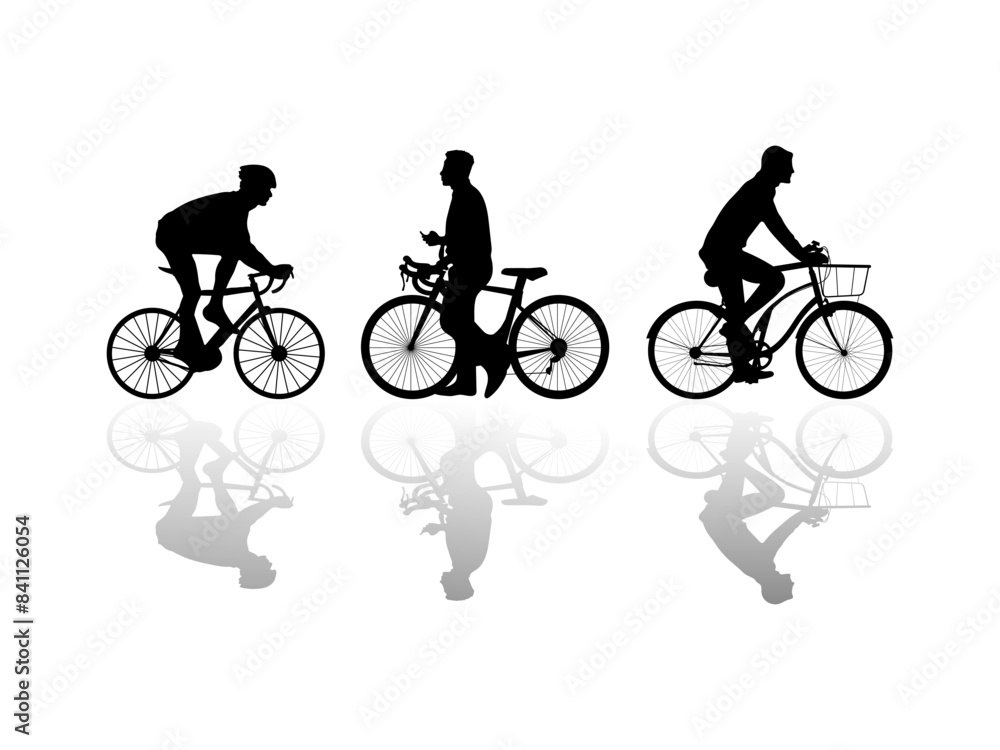Obraz premium Cycling silhouette. Set of silhouettes of people riding bicycles. Young man walking with bicycle side view. Good use for symbols, logos, mascots, icons, signs, webs, or any design you want.