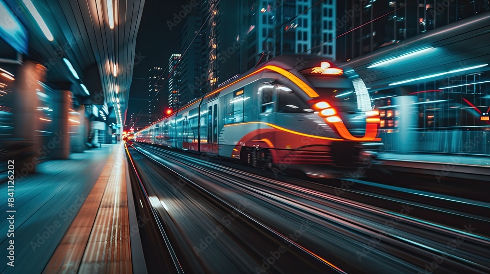 a train moving at night with light trail city background a train moving at night with light trail city background