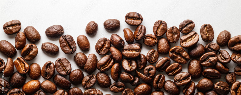 A close up of coffee beans on a white background. The beans are of different sizes and shapes, and they are scattered across the surface. Concept of warmth and comfort A close up of coffee beans on a white background. The beans are of different sizes and shapes, and they are scattered across the surface. Concept of warmth and comfort