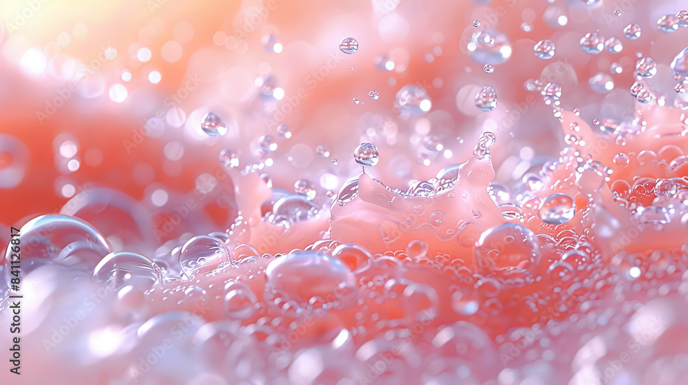 Close Up View Of Water Droplets Splashing On Pink Surface With Bubbles Close Up View Of Water Droplets Splashing On Pink Surface With Bubbles