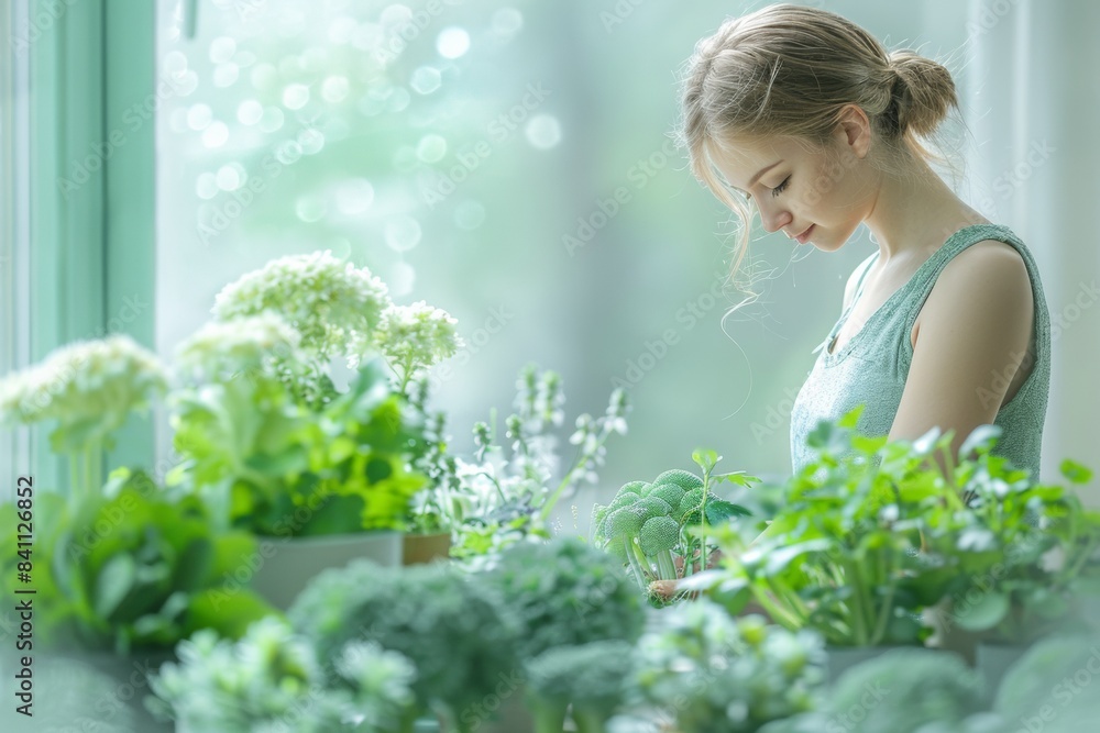 Young Caucasian Woman Gardening Indoors: Cultivating Mushrooms in a Compact Living Space Young Caucasian Woman Gardening Indoors: Cultivating Mushrooms in a Compact Living Space