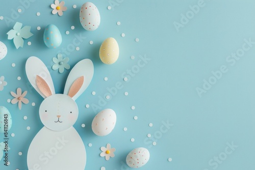 Easter bunny and easter eggs on blue background flat lay, copy space, easter concept, happy easter, easter bunny, easter eggs, easter decorations © SHOTPRIME STUDIO
