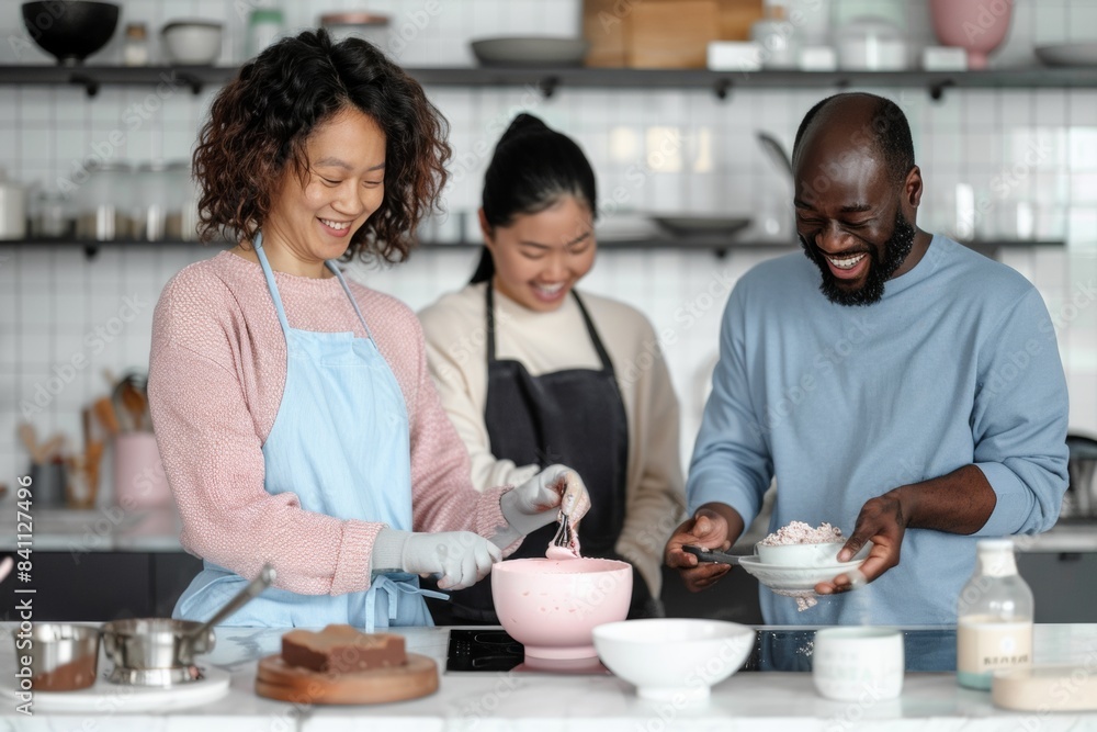 Joyful Hispanic Woman and African American Man Making Fudge in a Modern Kitchen with Friends Joyful Hispanic Woman and African American Man Making Fudge in a Modern Kitchen with Friends