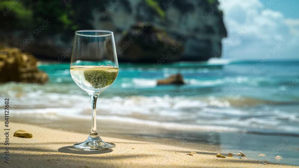 Summertime in Bali, Indonesia. Two glasses of cold wine on the sandy Nusa Penida beach, Bali, Indonesia, Summer vacation travel. Summertime in Bali, Indonesia. Two glasses of cold wine on the sandy Nusa Penida beach, Bali, Indonesia, Summer vacation travel.