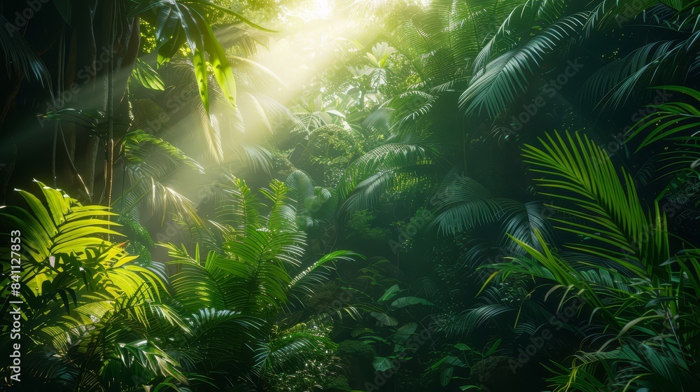 Tropical rainforest with sunlight, lush greenery, exotic setting, natural beauty, copy space