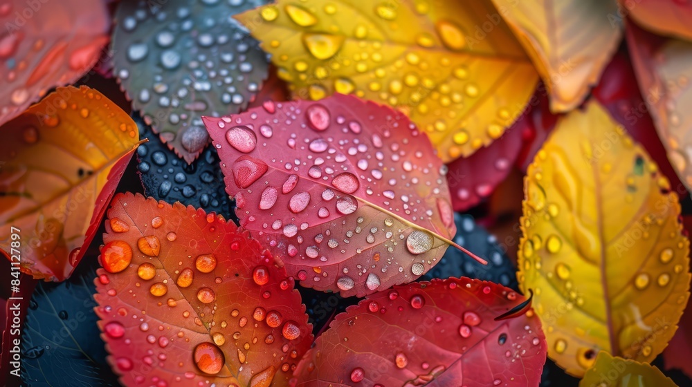 Close-up of vibrant fall leaves with raindrops, Close-up of vibrant fall leaves with raindrops,
