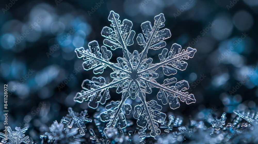 Macro shot of a snowflake on a dark background, Macro shot of a snowflake on a dark background,