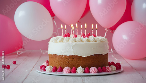 pink and white cake with candles on top. balloons in background.