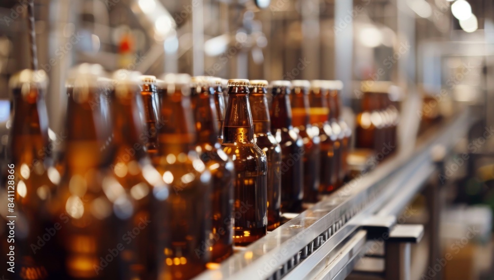 A line of beer brown bottles on the production belt in an industrial setting A line of beer brown bottles on the production belt in an industrial setting