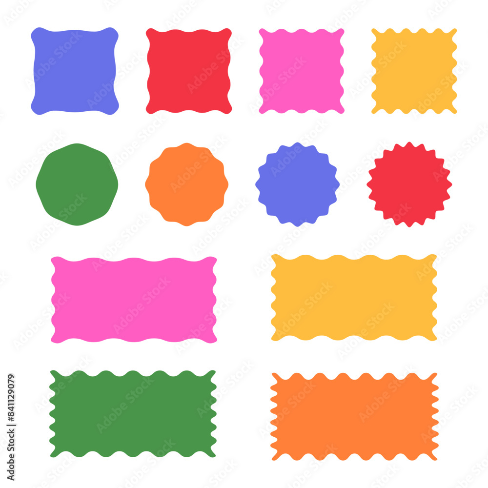Scallop edge shapes multicolored - circle, square, modern brutalism forms. Retro vawe swiss design elements with frill border. Scallop edge shapes multicolored - circle, square, modern brutalism forms. Retro vawe swiss design elements with frill border.