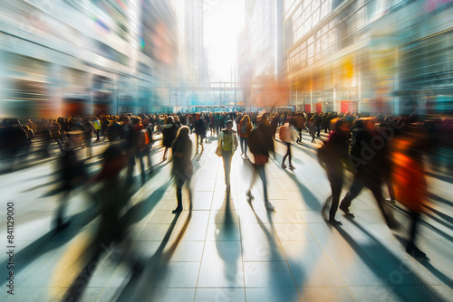 Crowded public place with people passing by, traffic flow motion blur effect illustration.