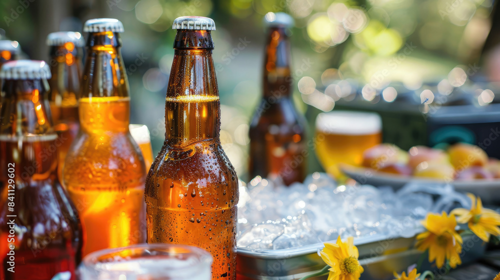 Refreshing Drinks and Chilled Beer Bottles on Ice for Home Party Setup Refreshing Drinks and Chilled Beer Bottles on Ice for Home Party Setup