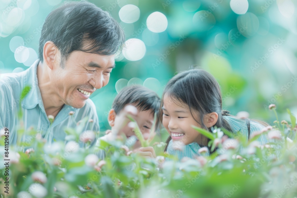 Father's Day Gardening: Late Afternoon Activity with Asian Father and Children Fostering Sustainability in Backyard