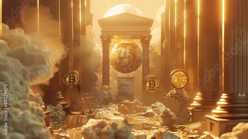 Glowing Holy Bitcoin Symbolizing the Holy Grail of Money in Cinema 4D Octane Render photo