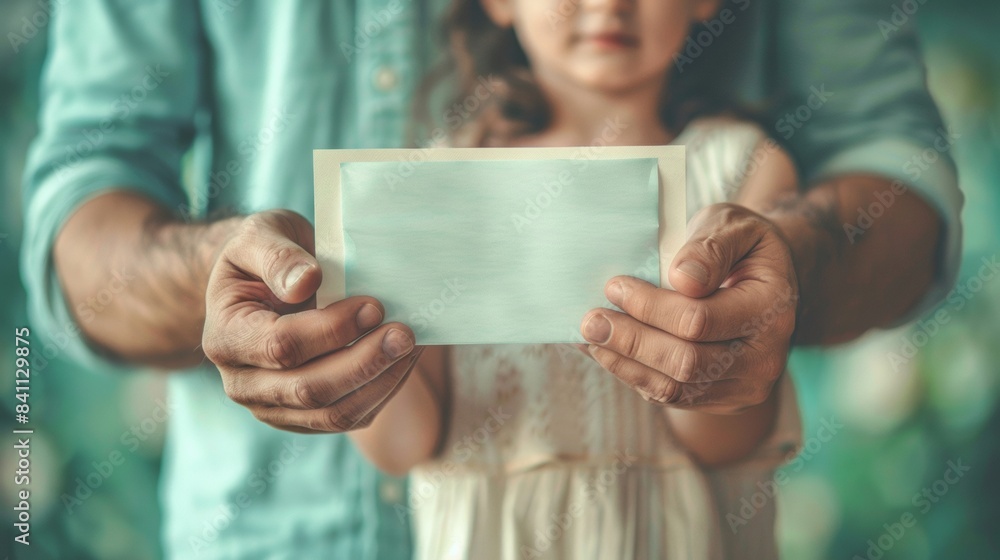 Celebrating Father's Day: Close-Up of Dad and Children Holding Handmade Card, Simple Background Celebrating Father's Day: Close-Up of Dad and Children Holding Handmade Card, Simple Background