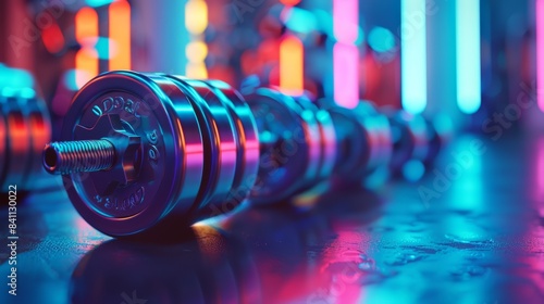 Close-up of metal dumbbell with a textured grip on a simple background, fitness and strength training concept, banner backdrop.