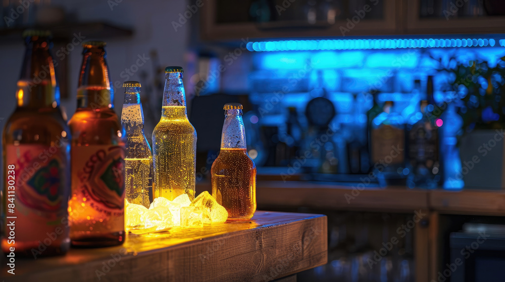Refreshing Drinks and Chilled Beer Bottles on Ice for Home Party Setup Refreshing Drinks and Chilled Beer Bottles on Ice for Home Party Setup