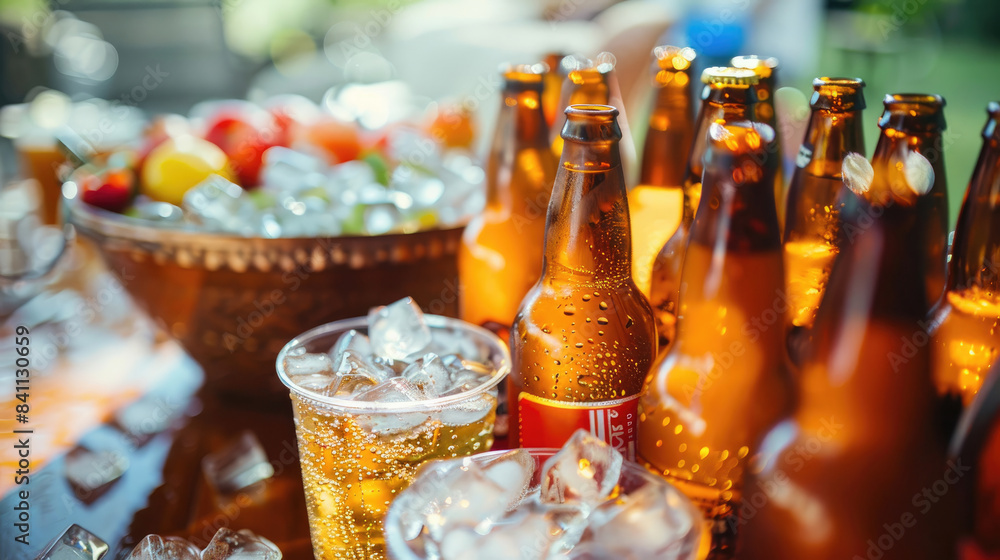 Refreshing Drinks and Chilled Beer Bottles on Ice for Home Party Setup Refreshing Drinks and Chilled Beer Bottles on Ice for Home Party Setup