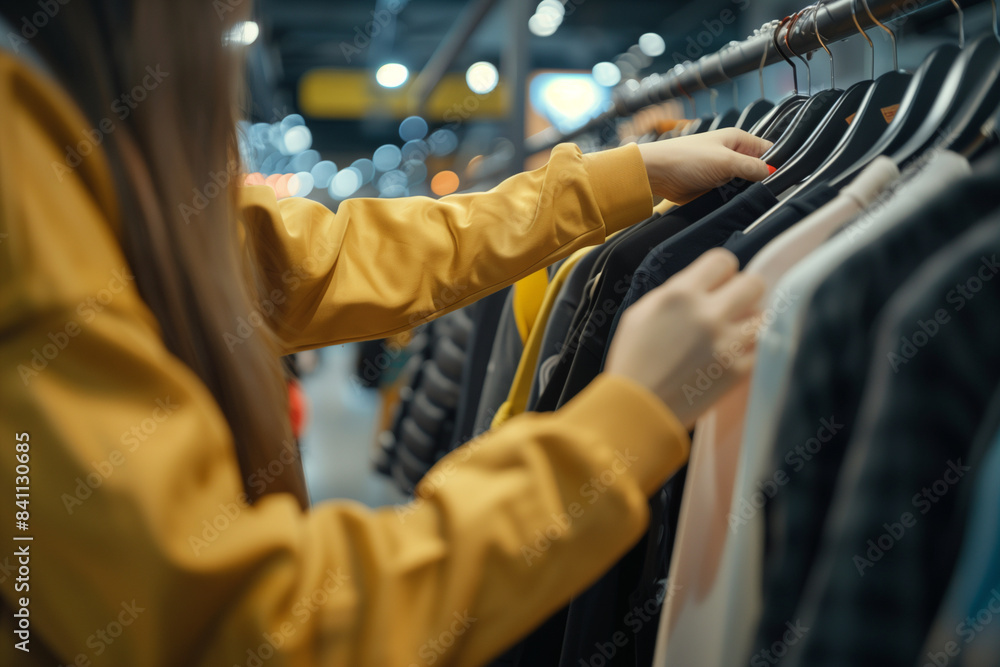 A woman is shopping for clothes in a store. She is looking at a rack of clothes and touching a sweater A woman is shopping for clothes in a store. She is looking at a rack of clothes and touching a sweater