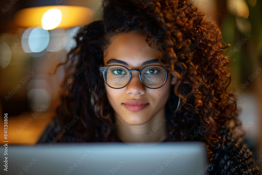 A woman is looking at a laptop screen. A woman is looking at a laptop screen.