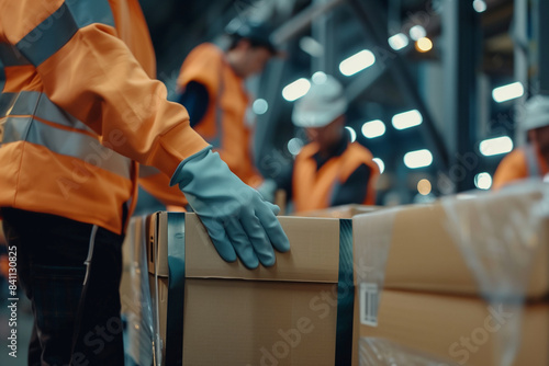A worker in an orange jacket is wearing gloves and touching a cardboard box. The scene is set in a warehouse or factory, with several other workers in orange jackets and gloves photo