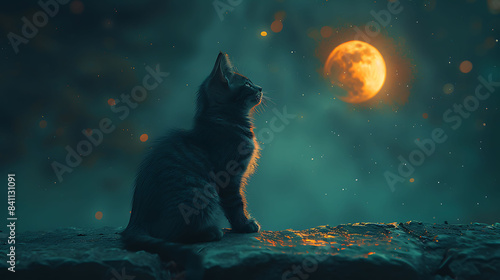  A black cat sitting on a stone wall under a crescent moon.