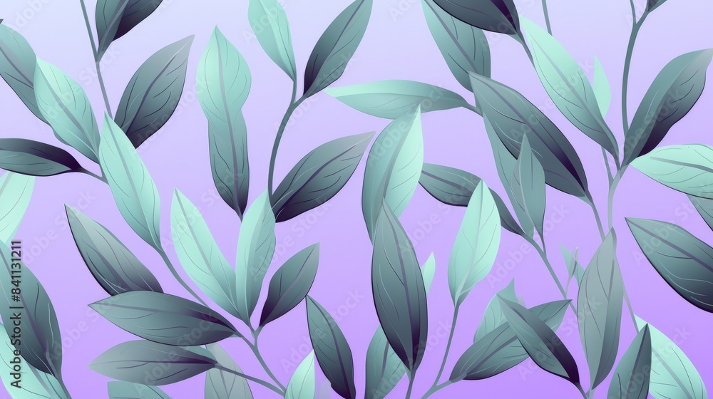 illustration featuring a repeating pattern of delicate mint green leaves on a soft lavender background, wallpaper illustration featuring a repeating pattern of delicate mint green leaves on a soft lavender background, wallpaper