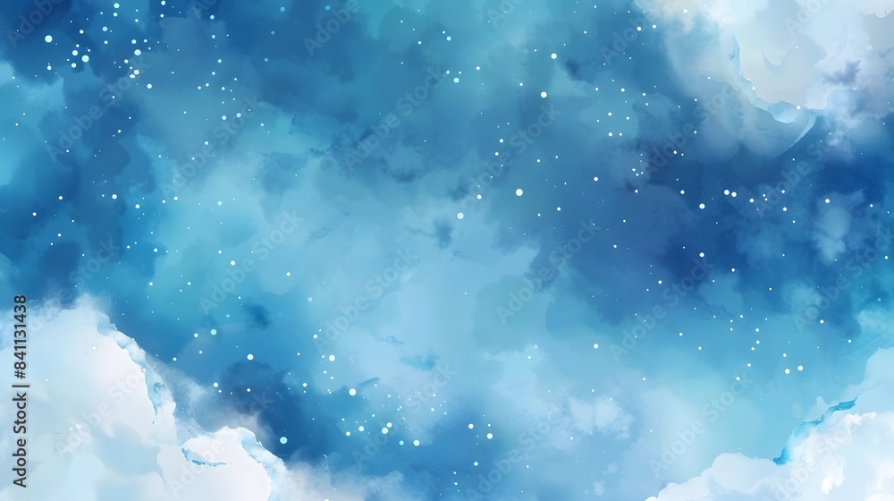 Abstract Blue Watercolor Sky Background with White Clouds and Glitter Stars Abstract Blue Watercolor Sky Background with White Clouds and Glitter Stars