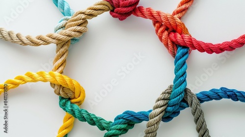 Vibrant ropes intertwine, showcasing the concept of teamwork and unity. Perfect for illustrating business, diversity, community, togetherness, and collaboration in any creative project.