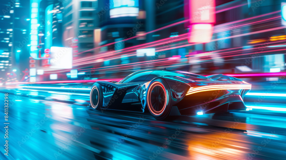 Futuristic Sports Car Driving Through Neon City at Night Futuristic Sports Car Driving Through Neon City at Night