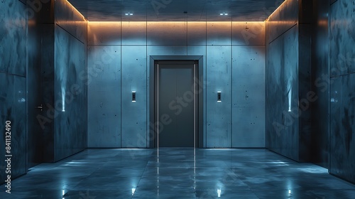 A minimalist door with a brushed metal finish and recessed lighting