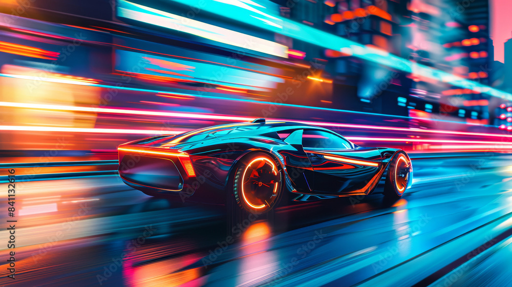 Black Sports Car Driving Through City at Night With Neon Lights Black Sports Car Driving Through City at Night With Neon Lights