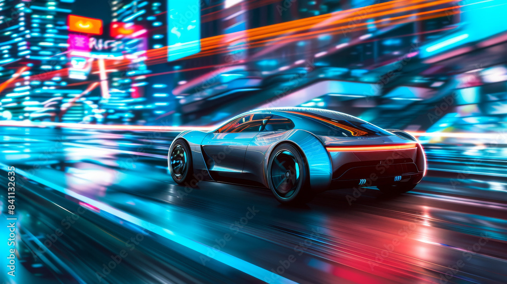 Modern Sports Car Driving Through City At Night Modern Sports Car Driving Through City At Night