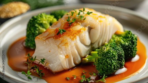 Steamed white fish served with broccoli and sauce photo