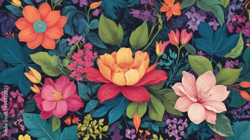 Lush floral pattern with vivid flowers and leaves background Generative Ai