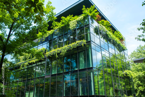 Eco-Friendly Glass Office  Sustainable Building with Trees and Green Environment
