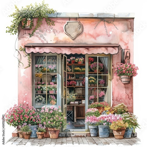 The image shows a small business flower shop with a pink exterior and a large flower arrangement in front of the door.