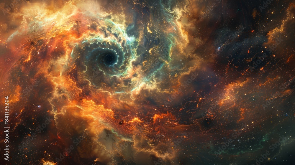 Illustrate the interconnectedness of all things in a cyclical universe through abstract symbolism. Illustrate the interconnectedness of all things in a cyclical universe through abstract symbolism.