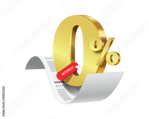 0% gold and button placed on receipt or invoice paper for designing advertisements free of interest and fees, zero percent advertising concept design, vector 3d isolated for financial concept design