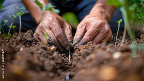Close-up of hands installing fiber optic cables in soil, visible line cables, detailed texture of soil and cables, natural lighting