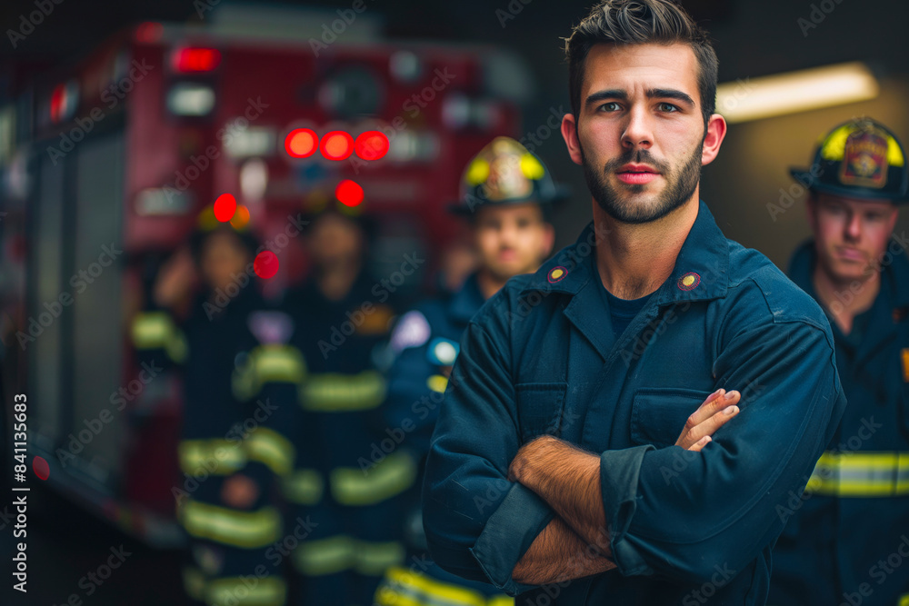 Firefighters at the fire station, with confident firefighter standing with arms crossed, looking at the camera with a team in the background Firefighters at the fire station, with confident firefighter standing with arms crossed, looking at the camera with a team in the background