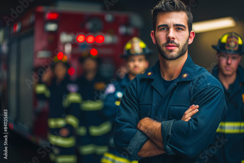 Firefighters at the fire station, with confident firefighter standing with arms crossed, looking at the camera with a team in the background