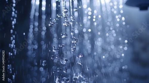 Close-up of a modern rain shower head, water running smoothly, droplets glistening, refreshing and soothing ambiance