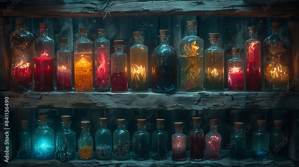 A collection of eerie, glowing potions on a wooden shelf in a dark room. A collection of eerie, glowing potions on a wooden shelf in a dark room.