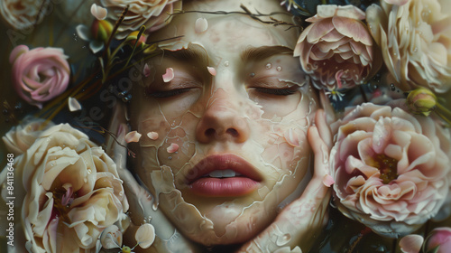 woman's face among petals, flowers, closing eyes, nature-inspired illustration, closing eyes, lip